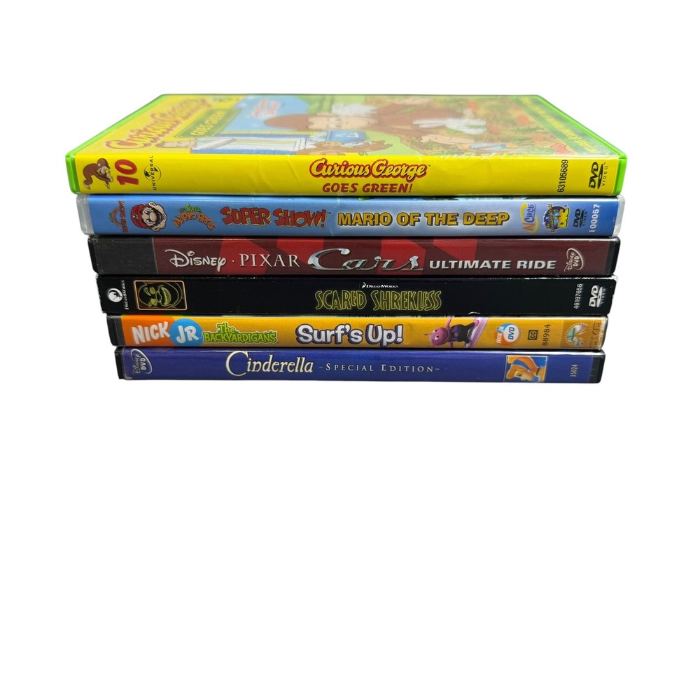 Kids DVD Lot 6 Movies Disney Cars Cinderella Shrek Mario Curious George Nick Jr
